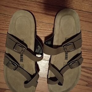 Women's Tan Double-Buckle Slippers